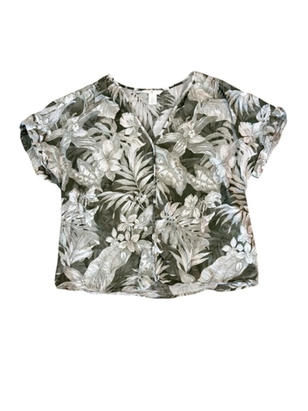 H&M L.O.G.G. Tropical Floral Blouse Women's Large Green White 100% Cotton